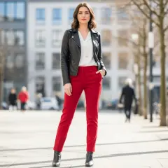 Elegancka kobieta w czarnej ramonesce i białej bluzce do czerwonych spodni. Stylowa stylizacja na miasto.