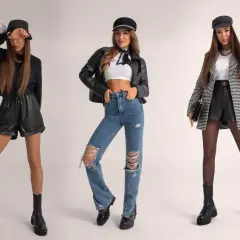 Trzy kobiety prezentują stylizacje w rockowym stylu: skórzane szorty z frędzlami, podarte jeansy i elegancki żakiet z krótkimi spodenkami.