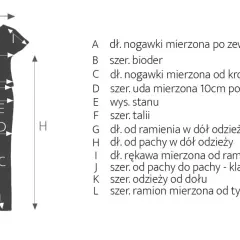 Schemat pokazuje, jak mierzyć kombinezon: długość nogawki, szerokość bioder, talii, klatki piersiowej, ramion, rękawa i od ramienia do dołu.