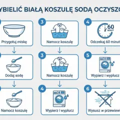 Instrukcja krok po kroku, jak wybielić bluzkę sodą oczyszczoną: przygotuj miskę, dodaj sodę, namocz koszulę, odczekaj 60 minut, wypierz i wysusz.