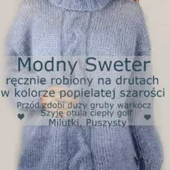 Modny, ręcznie robiony na drutach sweter w kolorze popielatej szarości. Zdobiony warkoczem, z ciepłym golfem. Dowiedz się, ile kosztuje sweter robiony na drutach.