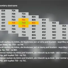 Tabela rozmiarów biustonoszy z zaznaczonymi rozmiarami 75C, 75D, 75E i 80C.