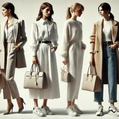 Sześć kobiet prezentuje eleganckie, casualowe stylizacje w odcieniach beżu i bieli.