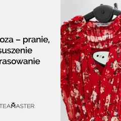 Czerwona sukienka w kwiaty, wiskoza – pranie, suszenie i prasowanie. Czy wiskoza się gniecie? Zobacz, jak łatwo ją odświeżyć.