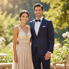 Elegancka para młoda, ona w koronkowej sukni, on w granatowym garniturze, idealnie prezentuje się w czym na wesele.