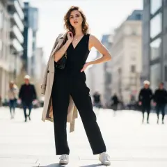 Elegancka kobieta w czarnym kombinezonie i beżowym płaszczu na ramieniu. Idealna stylizacja, która odpowiada na pytanie: jaka marynarka do czarnego kombinezonu?