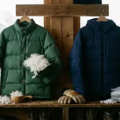 Zielona i granatowa kurtka puchowa, obok puchu, rękawic i czapek. Zobacz, czym masz wypchaną kurtkę – naturalnym puchem!