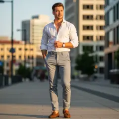 Mężczyzna w białej koszuli i szarych spodniach prezentuje styl smart casual na tle miejskiej architektury.