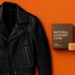 Czarna kurtka skórzana obok pudełka "Natural Leather Care" i gąbki. Dowiedz się, czym natłuścić kurtkę skórzaną domowe sposoby.