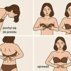 Instrukcja jak dobierać biustonosz: pochyl się, zapnij z tyłu, sprawdź stabilność.