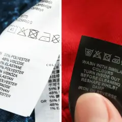 Etykiety odzieżowe pokazują skład materiału, w tym bawełnę, z której jest bawelna. Widoczne są też symbole pielęgnacji.