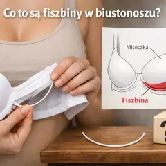 Dłoń wyciąga biały fiszbin z biustonosza. Obok rysunek biustonosza z zaznaczonym fiszbinem.