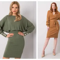 Dwie kobiety w sukienkach: oliwkowa z ozdobnymi guzikami i karmelowa kopertowa z paskiem. Obie w rozmiarze one size.
