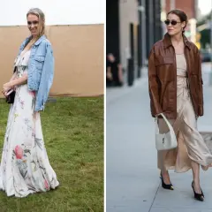 Jaka kurtka do długiej sukienki? Denimowa ramoneska i elegancka brązowa kurtka tworzą stylowe zestawy z zwiewnymi kreacjami.