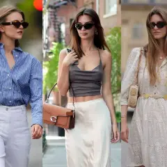 Trzy kobiety prezentują stylowe stylizacje boho: w paski, satynową spódnicę i zwiewną sukienkę.