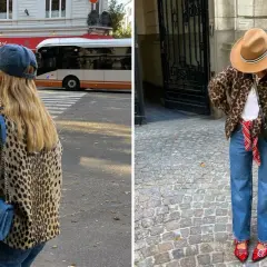 Koszula w panterkę w dwóch odsłonach: miejska stylizacja z jeansami i czapką, oraz elegancka z kapeluszem i czerwoną apaszką.