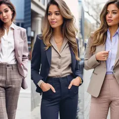 Eleganckie casual damski przykłady: trzy kobiety w stylowych zestawach ze spodniami i marynarkami.