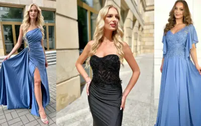 Eleganckie sukienki, które odejmują kilogramy: błękitna z wycięciem, czarna gorsetowa i błękitna z koronką.