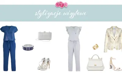Eleganckie stylizacje wizytowe: granatowy kombinezon, szary kombinezon z falbankami, złota marynarka. Co na górę do kombinezonu? Torebki, buty i biżuteria.
