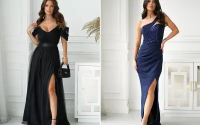 Dwie kobiety w eleganckich sukniach. Czarna z rozcięciem na nodze, granatowa z cekinową górą i rozcięciem na nodze.