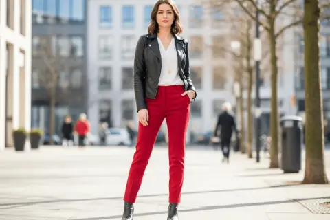 Elegancka kobieta w czarnej ramonesce i białej bluzce do czerwonych spodni. Stylowa stylizacja na miasto.