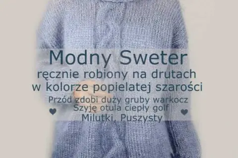 Modny, ręcznie robiony na drutach sweter w kolorze popielatej szarości. Zdobiony warkoczem, z ciepłym golfem. Dowiedz się, ile kosztuje sweter robiony na drutach.