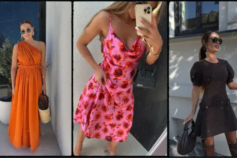 Trzy kobiety prezentują różne długości sukienek: pomarańczową maxi, różową w róże midi i brązową mini.