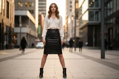 Elegancka kobieta w kremowej bluzce i czarnej skórzanej spódnicy, idealny przykład, jaka bluzka do skórzanej spódnicy pasuje.