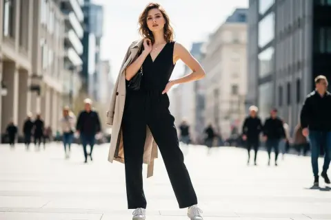 Elegancka kobieta w czarnym kombinezonie i beżowym płaszczu na ramieniu. Idealna stylizacja, która odpowiada na pytanie: jaka marynarka do czarnego kombinezonu?