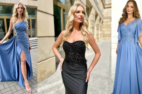 Eleganckie sukienki, które odejmują kilogramy: błękitna z wycięciem, czarna gorsetowa i błękitna z koronką.