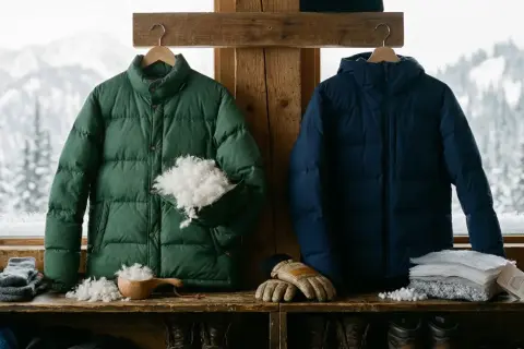 Zielona i granatowa kurtka puchowa, obok puchu, rękawic i czapek. Zobacz, czym masz wypchaną kurtkę – naturalnym puchem!
