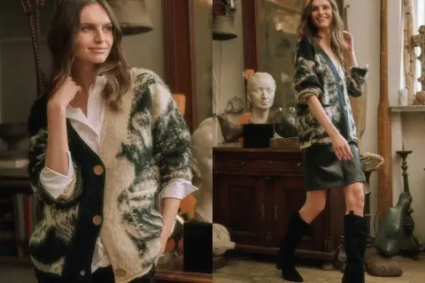 Kardigan w stylu tie-dye, z dwoma guzikami, noszony przez modelkę w białej koszuli i czarnej spódniczce.