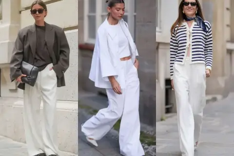 Trzy kobiety prezentują biały garnitur i inne stylizacje. Luźne spodnie i marynarki tworzą elegancki look.