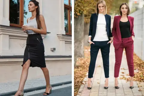 Elegancka kobieta w czarnej spódnicy i dwie panie w garniturach – idealny smart casual na imprezę.