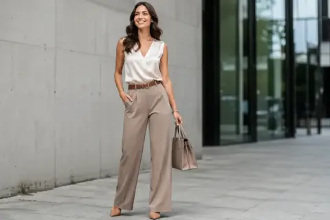 Eleganckie spodnie dla niskich i grubych, które optycznie wydłużają nogi. Model z wysokim stanem i szerokimi nogawkami.