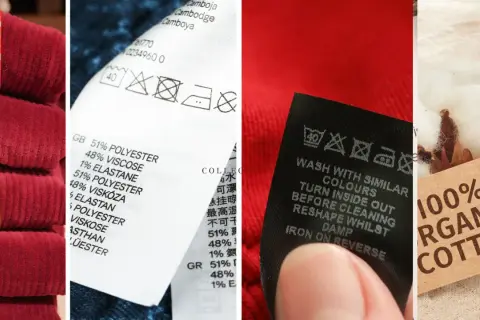 Etykiety odzieżowe pokazują skład materiału, w tym bawełnę, z której jest bawelna. Widoczne są też symbole pielęgnacji.