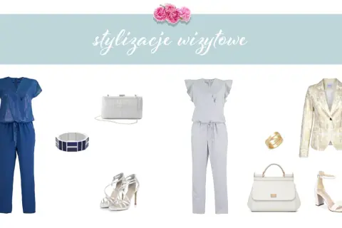 Eleganckie stylizacje wizytowe: granatowy kombinezon, szary kombinezon z falbankami, złota marynarka. Co na górę do kombinezonu? Torebki, buty i biżuteria.