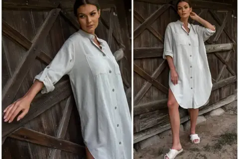 Elegancka szmizjerka co to? Luźna, lniana sukienka koszulowa w jasnym kolorze, idealna na lato.