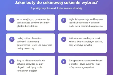 Jakie buty do cekinowej sukienki? Zasady: im więcej błysku, tym spokojniejsze buty. Unikaj brokatów. Do maxi sukienki wybierz wyższy obcas. Zimą kozaki lub botki.