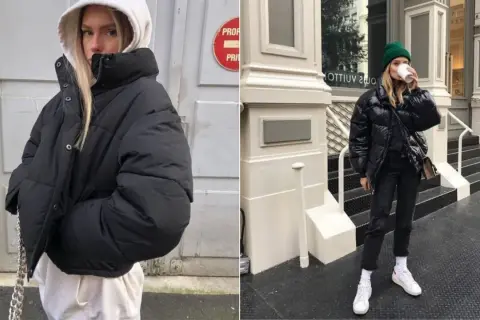 Kobieta w czarnej, puchatej kurtce typu puffer, co to znaczy? To ciepła i stylowa odzież na zimę.
