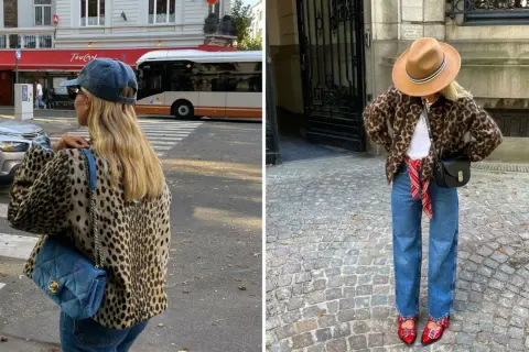 Koszula w panterkę w dwóch odsłonach: miejska stylizacja z jeansami i czapką, oraz elegancka z kapeluszem i czerwoną apaszką.