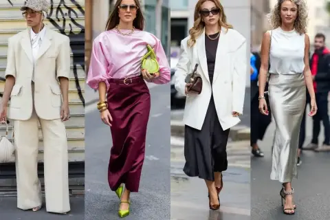 Eleganckie mama na komunii stylizacje: kremowy garnitur, różowa bluzka z bordową spódnicą, biała marynarka z czarną sukienką, biała bluzka ze srebrną spódnicą.