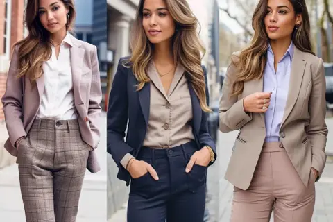 Eleganckie casual damski przykłady: trzy kobiety w stylowych zestawach ze spodniami i marynarkami.