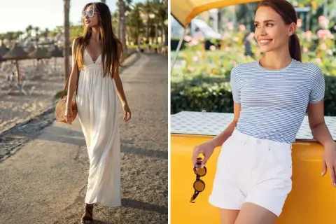 Letnia stylizacja na grilla: zwiewna biała sukienka i słomkowy kapelusz lub białe szorty z t-shirtem w paski.