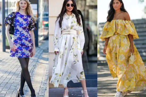 Trzy kobiety w kwiecistych sukienkach. Zastanawiasz się, jakie buty do sukienki w kwiaty? Zobacz inspiracje: eleganckie czółenka, sandałki, a nawet sportowe sneakersy.