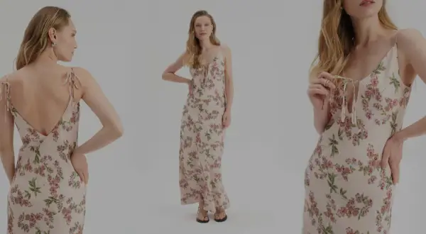 Elegancka, długa sukienka w kwiaty na ramiączkach. Idealna na wesele, gdy zastanawiasz się, co założyć do długiej sukienki na wesele.