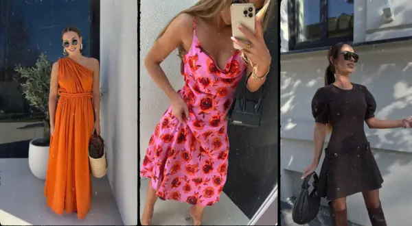 Trzy kobiety prezentują różne długości sukienek: pomarańczową maxi, różową w róże midi i brązową mini.