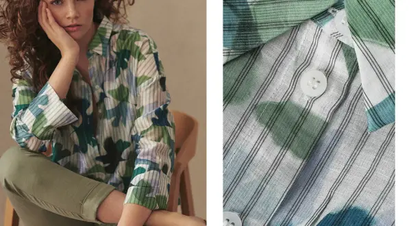 Modne bluzki w kwiaty i paski, idealne na wiosnę. Modelka prezentuje luźną, wzorzystą koszulę.
