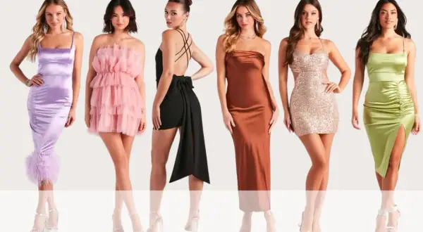 Sześć kobiet w eleganckich sukienkach. Różne dress code przykłady: satynowa liliowa, tiulowa pudrowa, czarna z kokardą, satynowa brązowa, cekinowa złota, satynowa zielona.