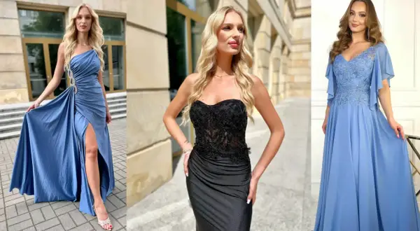 Eleganckie sukienki, które odejmują kilogramy: błękitna z wycięciem, czarna gorsetowa i błękitna z koronką.